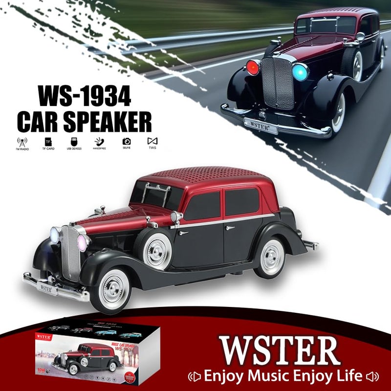 WSTER WS-1934 Retro Classic Car Bluetooth Replica Speaker â€“ Wireless HD Sound with FM Radio,TWS Stereo,LED Party Lights,Built-in Microphone Hands-Free Call, Surprise Portable Gift for Party Use(Red) - Image 2