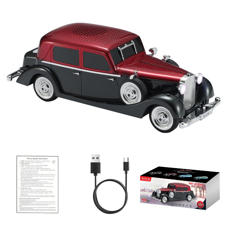 WSTER WS-1934 Retro Classic Car Bluetooth Replica Speaker â€“ Wireless HD Sound with FM Radio,TWS Stereo,LED Party Lights,Built-in Microphone Hands-Free Call, Surprise Portable Gift for Party Use(Red) - Image 1