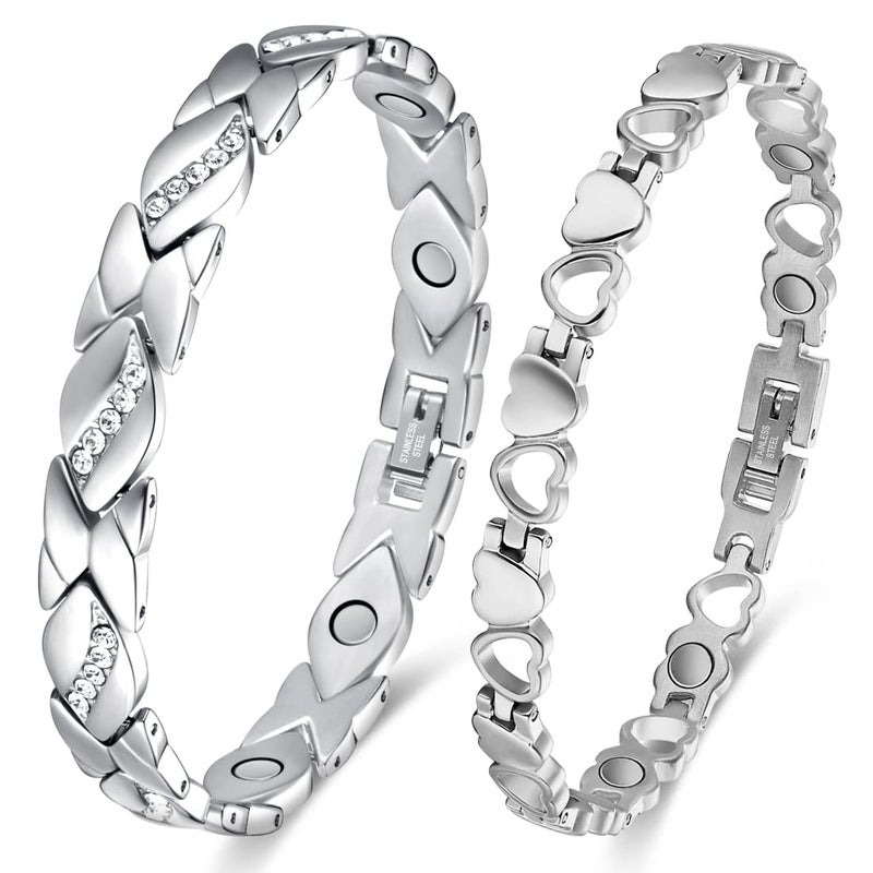Vicmag Magnetic Bracelets for Women Titanium Steel Bracelet with Adjustment Tool & Present Box (Crystal & Love Heart Silver) - Image 1