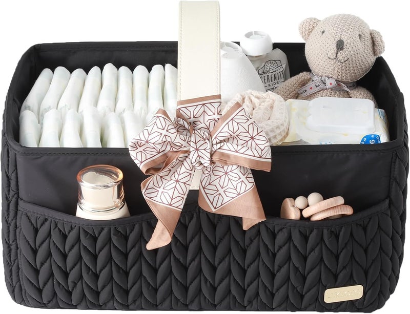 LUKJOJO Luxurious Baby Diaper Caddy, Nursery Storage Basket for Newborn Essentials, Travel Baby Basket for Diapers Baby Wipes, Organizer Tote Bag Storage Bin, Baby Shower Gifts(Black) - Image 1