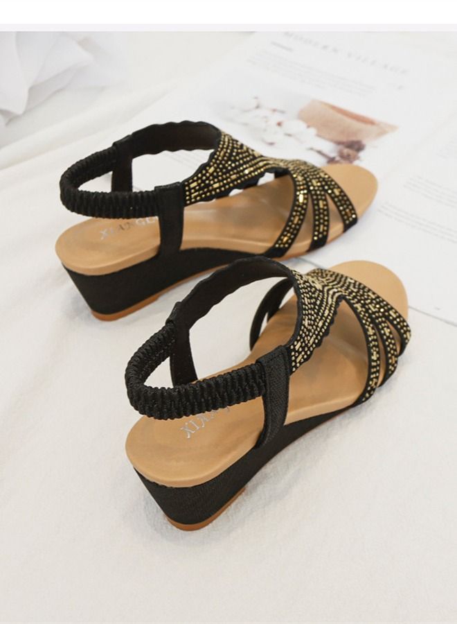 Casual Water Diamonds Wedge Heel Sandals 5CM Black