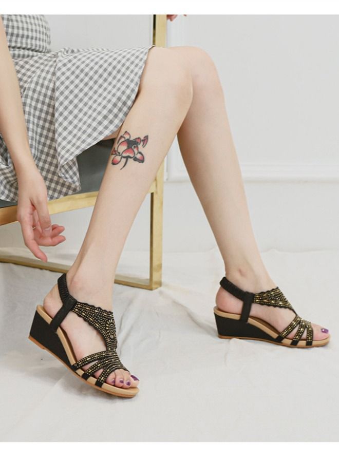 Casual Water Diamonds Wedge Heel Sandals 5CM Black