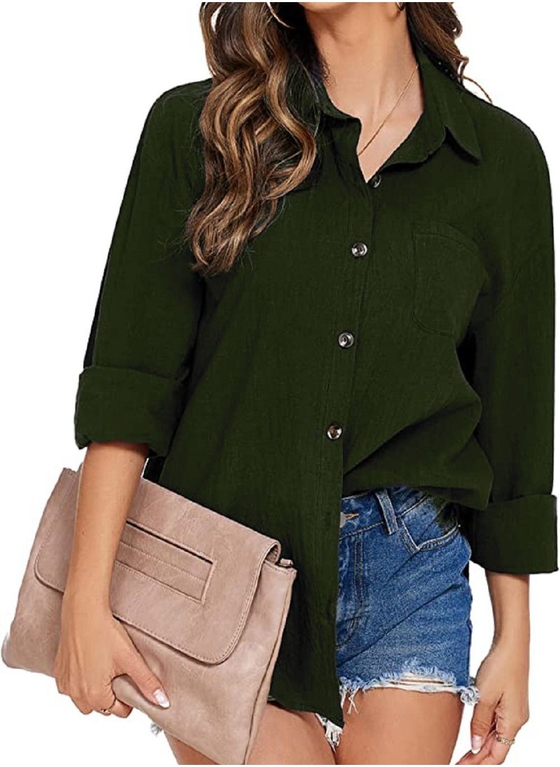 SunSet - Sunset Women CY Cotton Button Down Casual Blouse Tops GREEN - Image 1