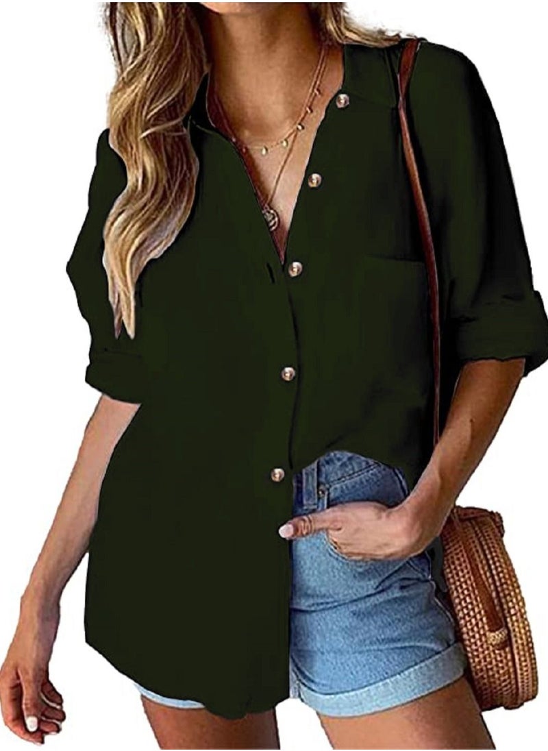 SunSet - Sunset Women CY Cotton Button Down Casual Blouse Tops GREEN - Image 1