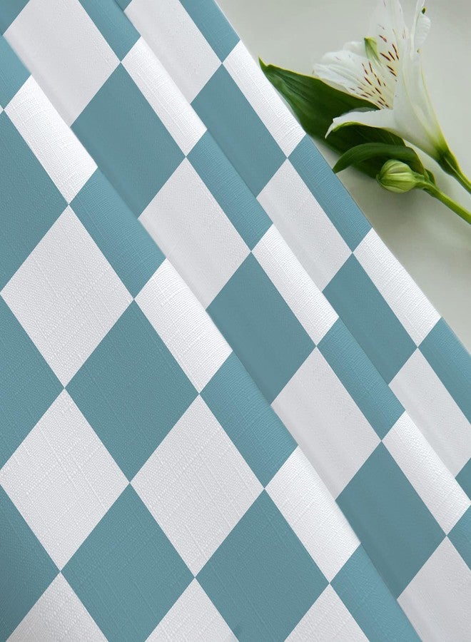 Tititex Aesthetic Checkerboard Grid Pattern Faux Linen Fabric Shower Curtain, White Sky Baby Blue Modern Shower Curtain Sets Decoration 71x71 Inch with 12 Hooks - Image 4