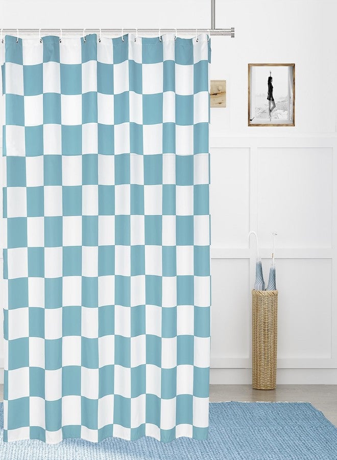 Tititex Aesthetic Checkerboard Grid Pattern Faux Linen Fabric Shower Curtain, White Sky Baby Blue Modern Shower Curtain Sets Decoration 71x71 Inch with 12 Hooks - Image 1
