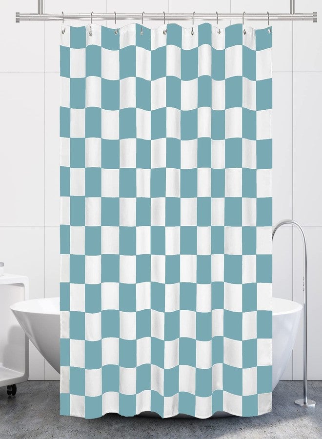 Tititex Aesthetic Checkerboard Grid Pattern Faux Linen Fabric Shower Curtain, White Sky Baby Blue Modern Shower Curtain Sets Decoration 71x71 Inch with 12 Hooks - Image 3
