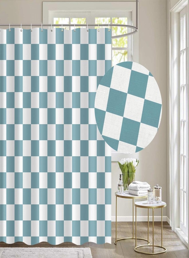 Tititex Aesthetic Checkerboard Grid Pattern Faux Linen Fabric Shower Curtain, White Sky Baby Blue Modern Shower Curtain Sets Decoration 71x71 Inch with 12 Hooks - Image 2