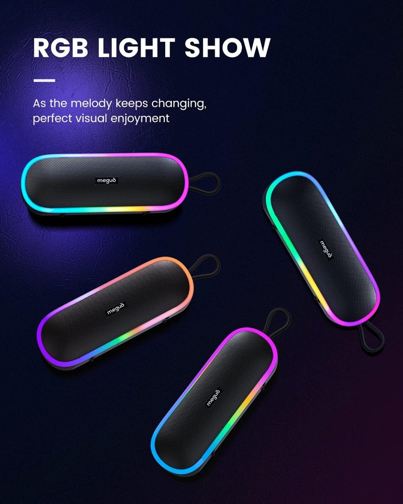 MEGUO مكبر صوت MEGUO بلوتوث بقوة 20 واط مع أضواء RGB، مكبر صوت محمول، مقاوم للماء IPX7، بلوتوث 5.1، مدخل ميكروفون، وقت تشغيل 12 ساعة، للاستخدام الخارجي في الحفلات والتخييم والشواء - Image 3