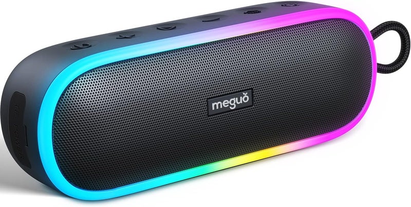 MEGUO مكبر صوت MEGUO بلوتوث بقوة 20 واط مع أضواء RGB، مكبر صوت محمول، مقاوم للماء IPX7، بلوتوث 5.1، مدخل ميكروفون، وقت تشغيل 12 ساعة، للاستخدام الخارجي في الحفلات والتخييم والشواء - Image 1
