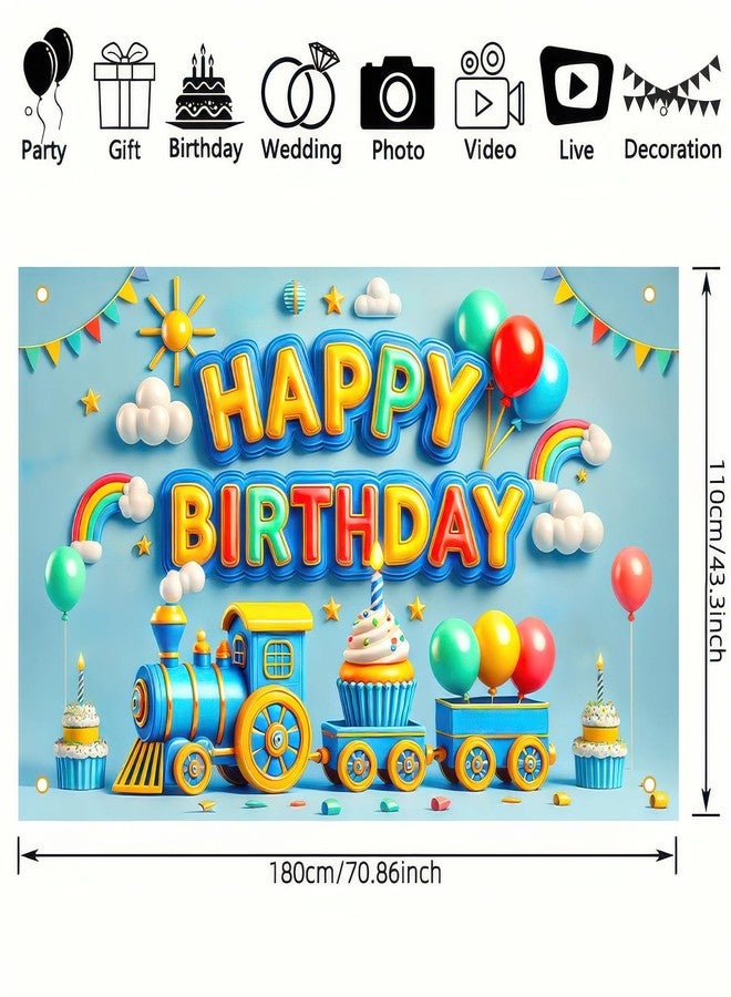 BlissYard Train Birthday Decorations Banner Happy Birthday Backdrop 3D Colorful Balloon Rainbow Cake Trains Photography Background Blue 71 x 43Inches - Image 2