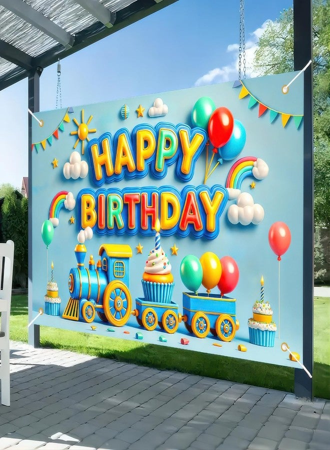 BlissYard Train Birthday Decorations Banner Happy Birthday Backdrop 3D Colorful Balloon Rainbow Cake Trains Photography Background Blue 71 x 43Inches - Image 4