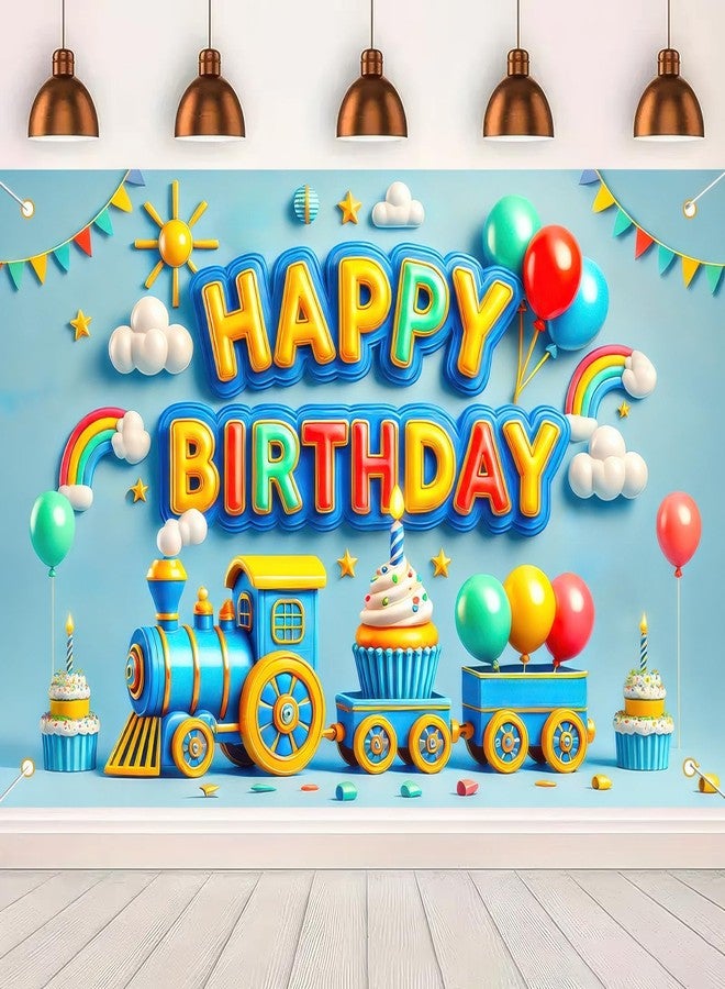 BlissYard Train Birthday Decorations Banner Happy Birthday Backdrop 3D Colorful Balloon Rainbow Cake Trains Photography Background Blue 71 x 43Inches - Image 1