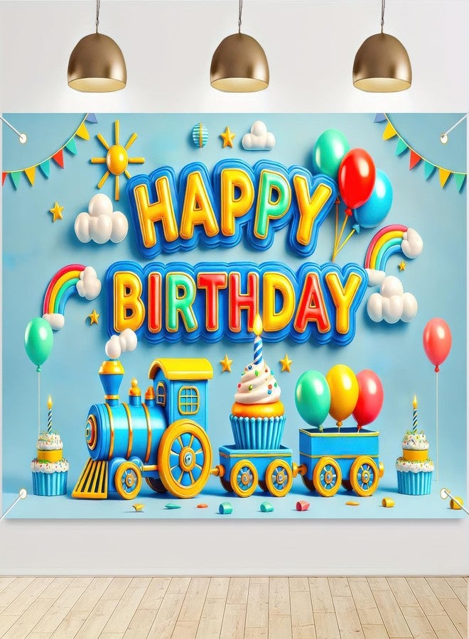BlissYard Train Birthday Decorations Banner Happy Birthday Backdrop 3D Colorful Balloon Rainbow Cake Trains Photography Background Blue 71 x 43Inches - Image 3