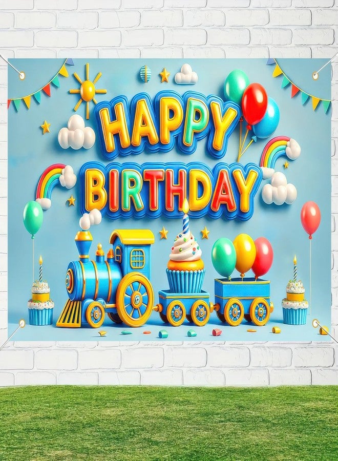 BlissYard Train Birthday Decorations Banner Happy Birthday Backdrop 3D Colorful Balloon Rainbow Cake Trains Photography Background Blue 71 x 43Inches - Image 5