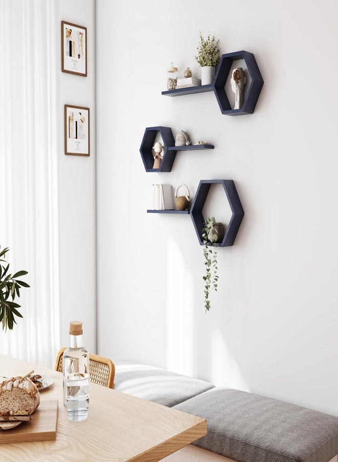 LUDORU Wooden Hexagon Floating Shelves Wall Mounted,Set of 6 Pine Hexagon Shelves Display for Photos,Plants,Rustic Honeycomb Shelves for Living Room,Bedroom,Bathroom, Kitchen, Office Decor, Navy Blue - Image 3
