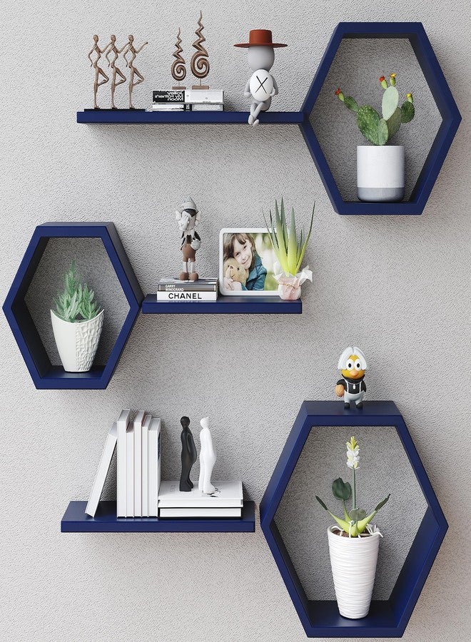 LUDORU Wooden Hexagon Floating Shelves Wall Mounted,Set of 6 Pine Hexagon Shelves Display for Photos,Plants,Rustic Honeycomb Shelves for Living Room,Bedroom,Bathroom, Kitchen, Office Decor, Navy Blue - Image 1