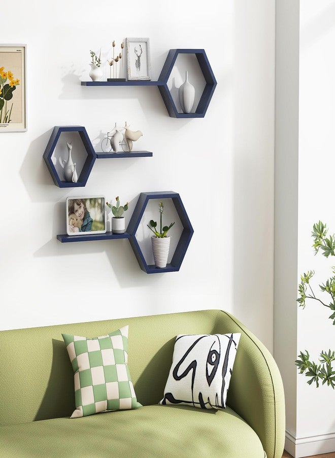 LUDORU Wooden Hexagon Floating Shelves Wall Mounted,Set of 6 Pine Hexagon Shelves Display for Photos,Plants,Rustic Honeycomb Shelves for Living Room,Bedroom,Bathroom, Kitchen, Office Decor, Navy Blue - Image 2