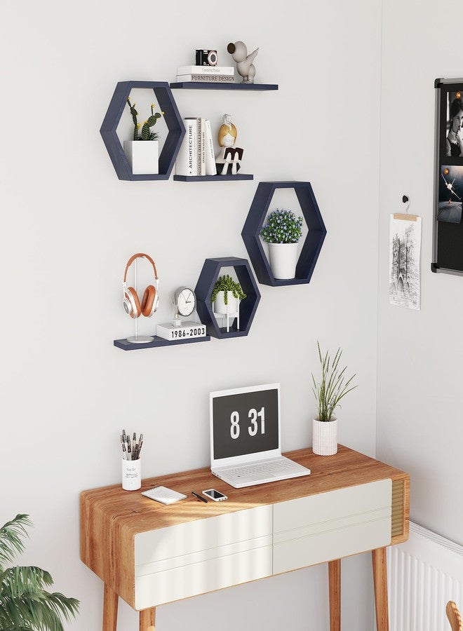 LUDORU Wooden Hexagon Floating Shelves Wall Mounted,Set of 6 Pine Hexagon Shelves Display for Photos,Plants,Rustic Honeycomb Shelves for Living Room,Bedroom,Bathroom, Kitchen, Office Decor, Navy Blue - Image 5
