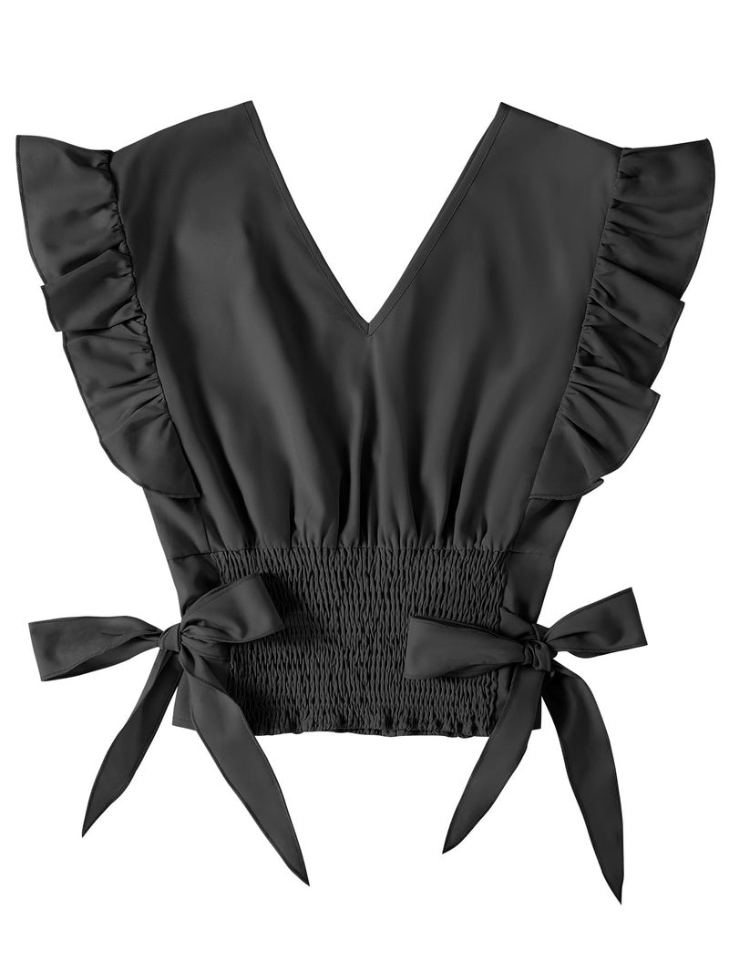 LYANER Women's Cute V Neck Ruffle Cap Sleeve Side Bow Shirred Hem Summer Crop Tank Tops Peplum Blouse Solid Black Medium - Image 4
