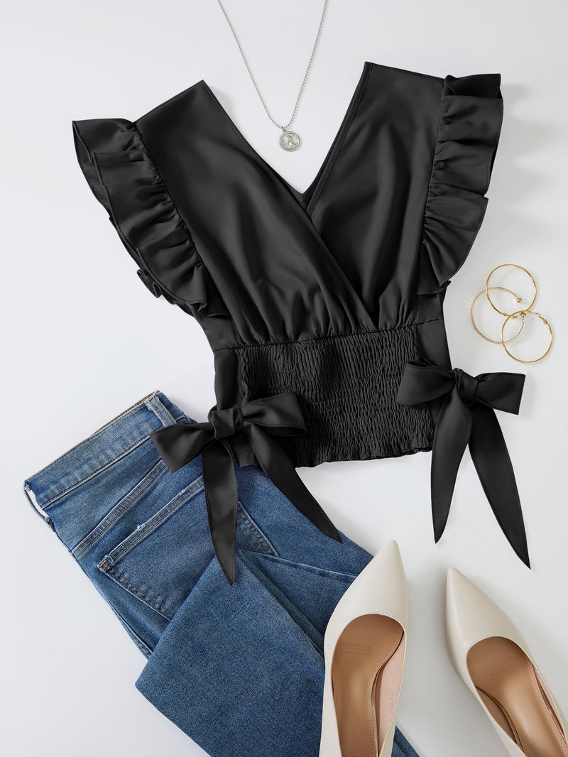 LYANER Women's Cute V Neck Ruffle Cap Sleeve Side Bow Shirred Hem Summer Crop Tank Tops Peplum Blouse Solid Black Medium - Image 3