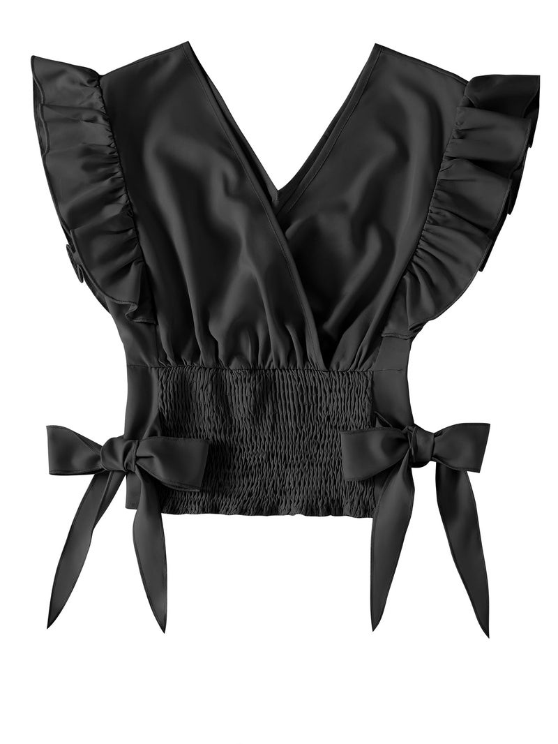 LYANER Women's Cute V Neck Ruffle Cap Sleeve Side Bow Shirred Hem Summer Crop Tank Tops Peplum Blouse Solid Black Medium - Image 1