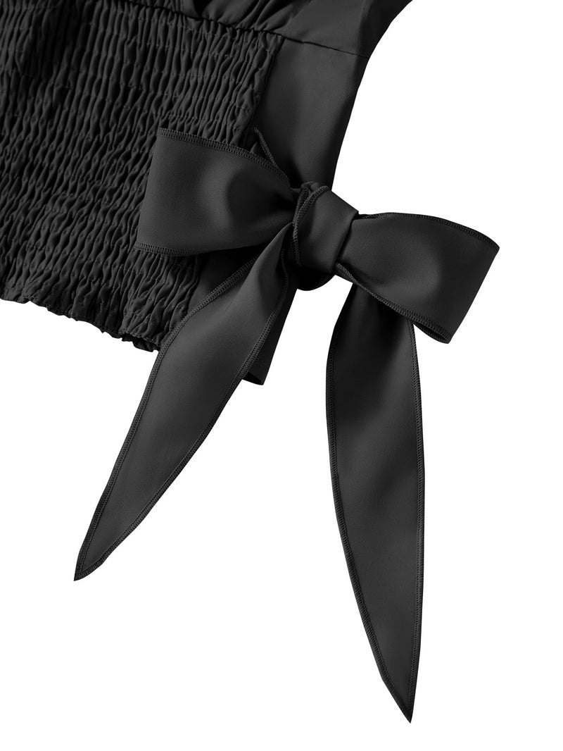 LYANER Women's Cute V Neck Ruffle Cap Sleeve Side Bow Shirred Hem Summer Crop Tank Tops Peplum Blouse Solid Black Medium - Image 2