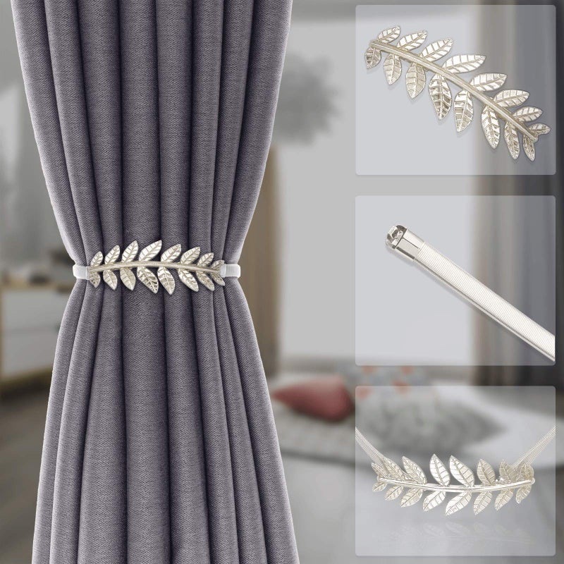 LLPMutu 4Pack Curtain Tiebacks Aluminum Alloy Spring Design Curtain Holdback Leaf Carving Design Curtain Ties For Drapes Curtain Ties Backs Curtain Modern Style Curtain Holdback Decor(Sliver Leaf) - Image 3
