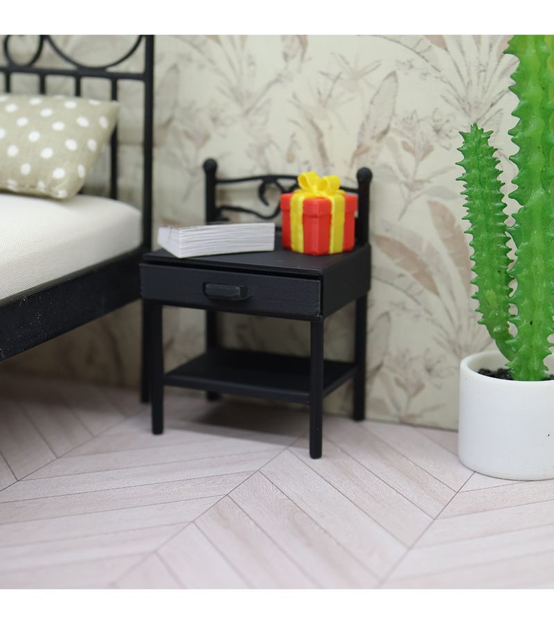 Miniature Wrought Iron Black Bedside Table Dollhouse Ornament - Image 1