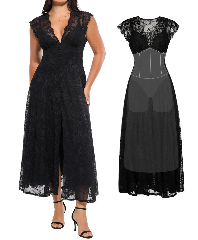 Popilush Formal Dresses for Women Wedding Guest Lace Sleeveless V Neck Maxi Shapewear Dress Evening Mother of Bride Split Dress Black - Image 1