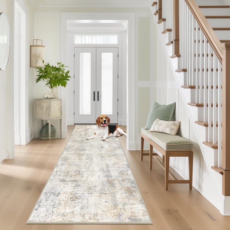 Capslpad 2x8 Modern Abstract Washable Runner Rug, Light Beige Non-Slip Runners for Hallways, Low Pile Kitchen Runner Rug, Ultra Soft Print Distressed Faux Wool Rug for Entryway, Bedroom, Laundry - Image 3