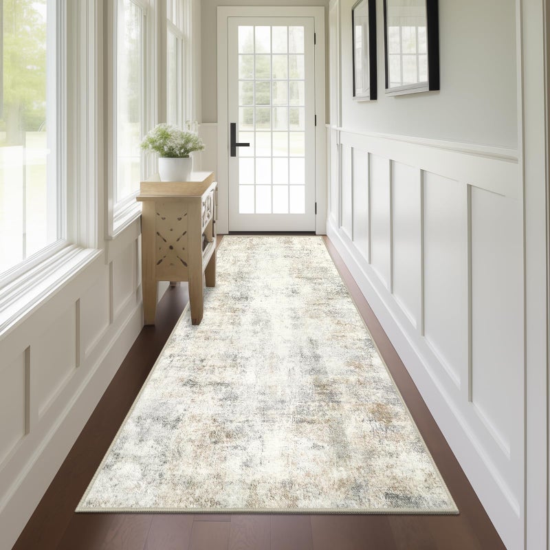 Capslpad 2x8 Modern Abstract Washable Runner Rug, Light Beige Non-Slip Runners for Hallways, Low Pile Kitchen Runner Rug, Ultra Soft Print Distressed Faux Wool Rug for Entryway, Bedroom, Laundry - Image 1