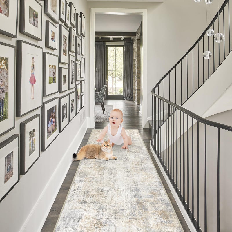 Capslpad 2x8 Modern Abstract Washable Runner Rug, Light Beige Non-Slip Runners for Hallways, Low Pile Kitchen Runner Rug, Ultra Soft Print Distressed Faux Wool Rug for Entryway, Bedroom, Laundry - Image 2