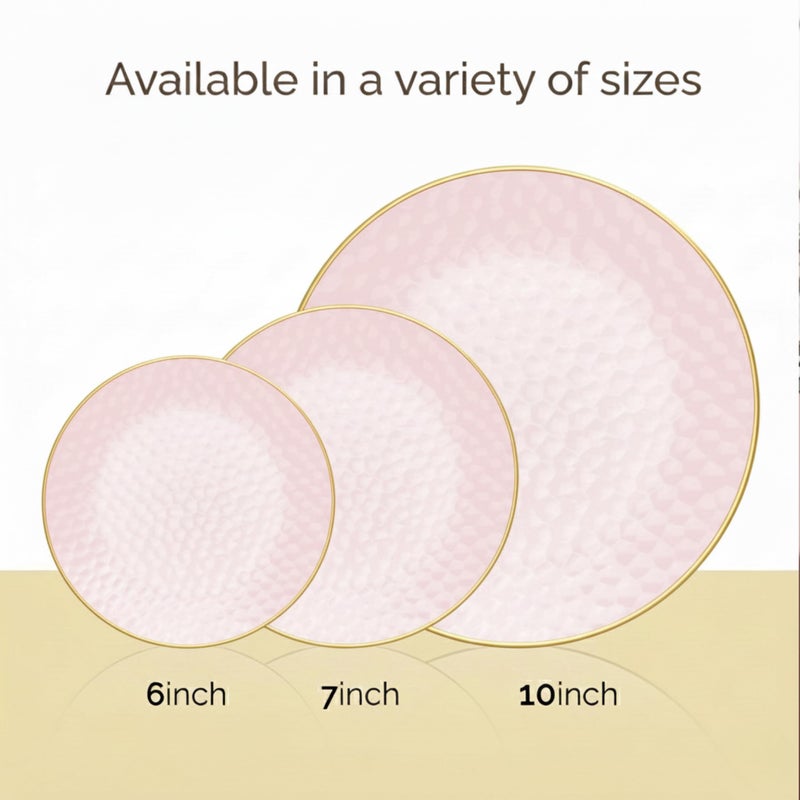 R-kay 100 Pack Pink Plastic Plates - 6.25 IN Hammered Gold Rimmed Sturdy, Durable And Extra Heavy duty Pink And Gold Plastic Dessert Plates Disposable - Appetizer Plates Disposable For All Occasions - Image 4