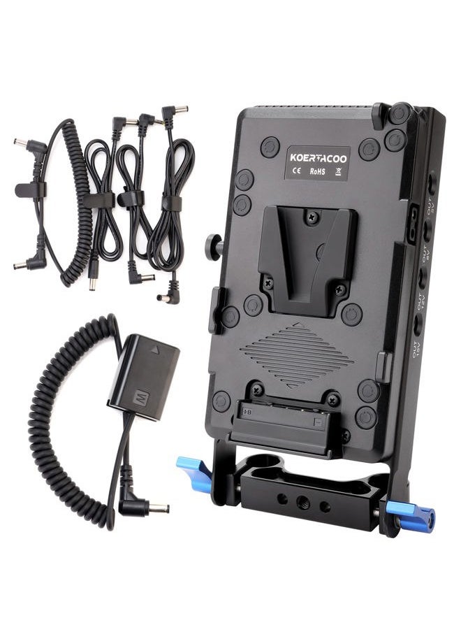KOERTACOO - V-Mount Lock Battery Plate Power Supply Splitter Adapter with 15mm Rod Clamp + NP-FW50 Dummy Battery Compatible with Sony Alpha A7 A7S A7R a7II a7SII a7RII A6000 A6100 A6300 A6500 Cameras - Image 1