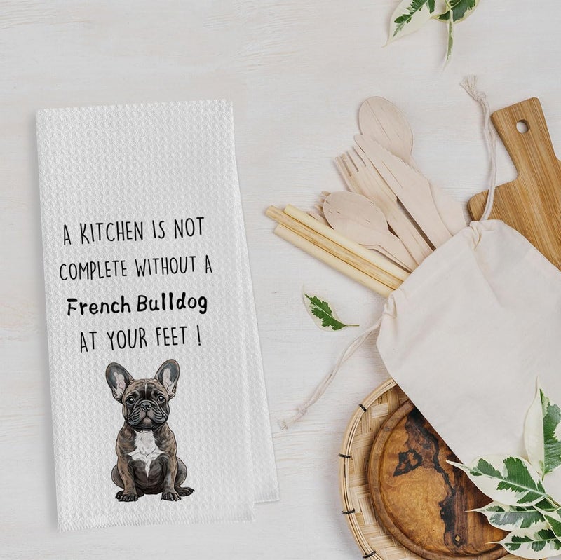 Geqtt French Bulldog Dish Towels Set - Funny Frenchie Waffle Weave Kitchen Towels, French Bulldog Decorative Hand Tea Towels for Bathroom Kitchen (16×24 Inches Set of 2) - Image 2