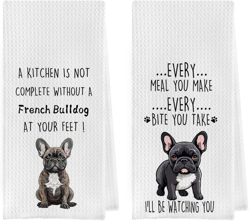 Geqtt French Bulldog Dish Towels Set - Funny Frenchie Waffle Weave Kitchen Towels, French Bulldog Decorative Hand Tea Towels for Bathroom Kitchen (16×24 Inches Set of 2) - Image 1