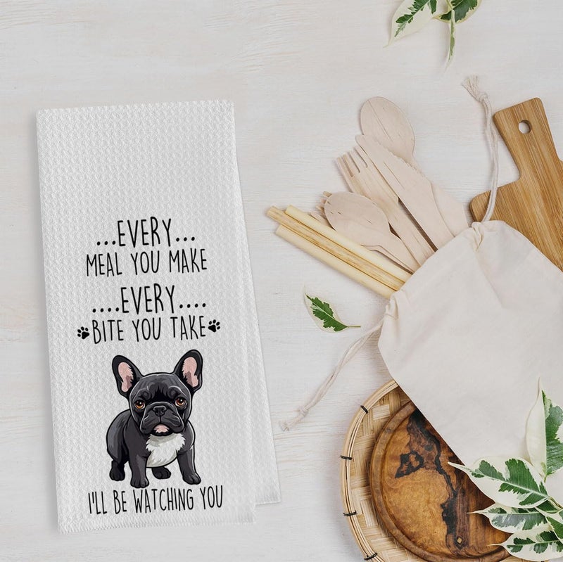 Geqtt French Bulldog Dish Towels Set - Funny Frenchie Waffle Weave Kitchen Towels, French Bulldog Decorative Hand Tea Towels for Bathroom Kitchen (16×24 Inches Set of 2) - Image 3
