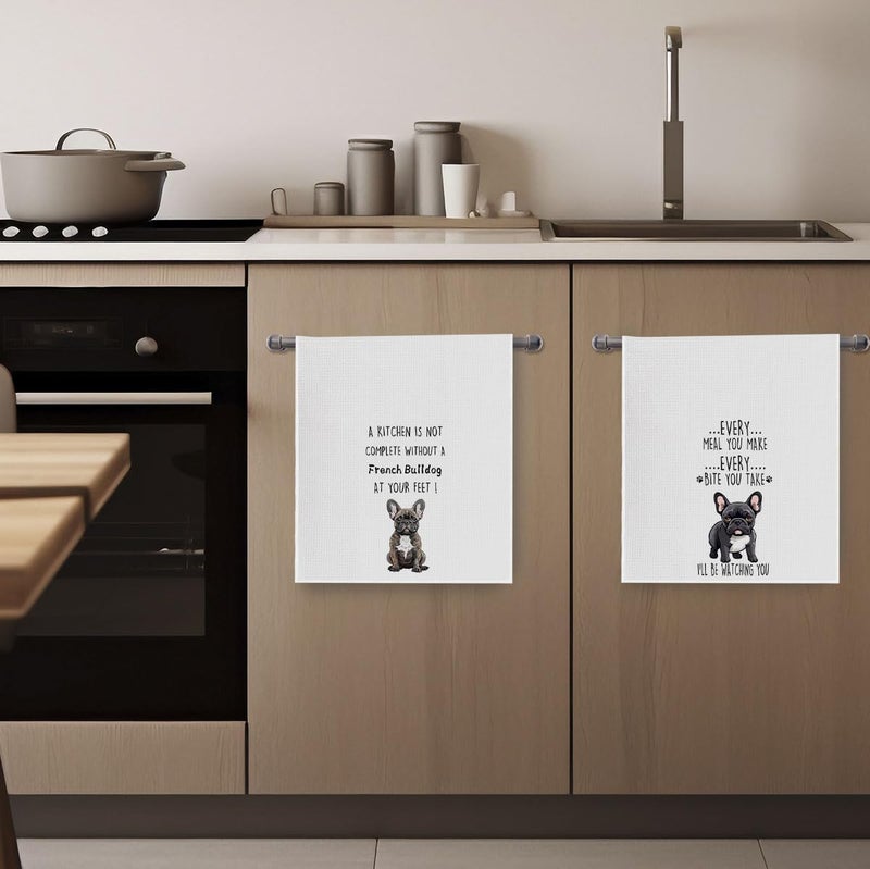 Geqtt French Bulldog Dish Towels Set - Funny Frenchie Waffle Weave Kitchen Towels, French Bulldog Decorative Hand Tea Towels for Bathroom Kitchen (16×24 Inches Set of 2) - Image 4