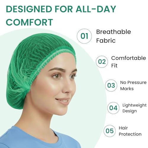 C-Cure Disposable Hair Cap Pack of 100 | 18 Inch Bouffant Cap Stretchable Non Woven Head Cover for Women & Men | Kitchen Hair Net, Surgical Cap, Chef Cooking, Salon & Medical Use – Green - Image 4