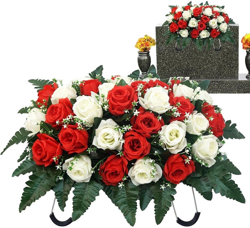 Grave Saddle Flowers,Silk Rose Memorial Cemetery Grave Decorations - Graveside Floral Saddle | for Remembrance Year-Round Outdoor Display Father's Day Mother's Day - Image 1