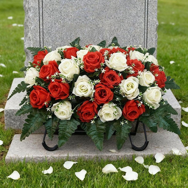 Grave Saddle Flowers,Silk Rose Memorial Cemetery Grave Decorations - Graveside Floral Saddle | for Remembrance Year-Round Outdoor Display Father's Day Mother's Day - Image 2