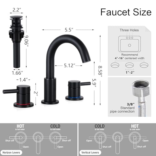 FGKQ Black Bathroom Faucet for Sink 3 Hole, Bathroom Sink Faucet with Pop Up Drain, 8 Inch Widespread Vanity Faucet 3 Hole, 360° Swivel Two Handle with Supply Lines - Image 5