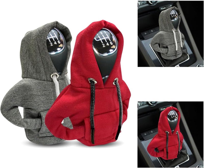 2PCS Car Gear Shift Cover, Fashionable Hoodie Car Shift Knob, Winter Warm Gear Shift Knob Cover Sweater Shirt, Auto Interior Accessories, Universal Car Decor Accessories (Red&Gray) | Nylon Winter Warm Fashionable Mini Hoodie Decoration, Cute Gadgets, Universal Car Interior Accessories, Fit for Car SUV Truck - Image 1