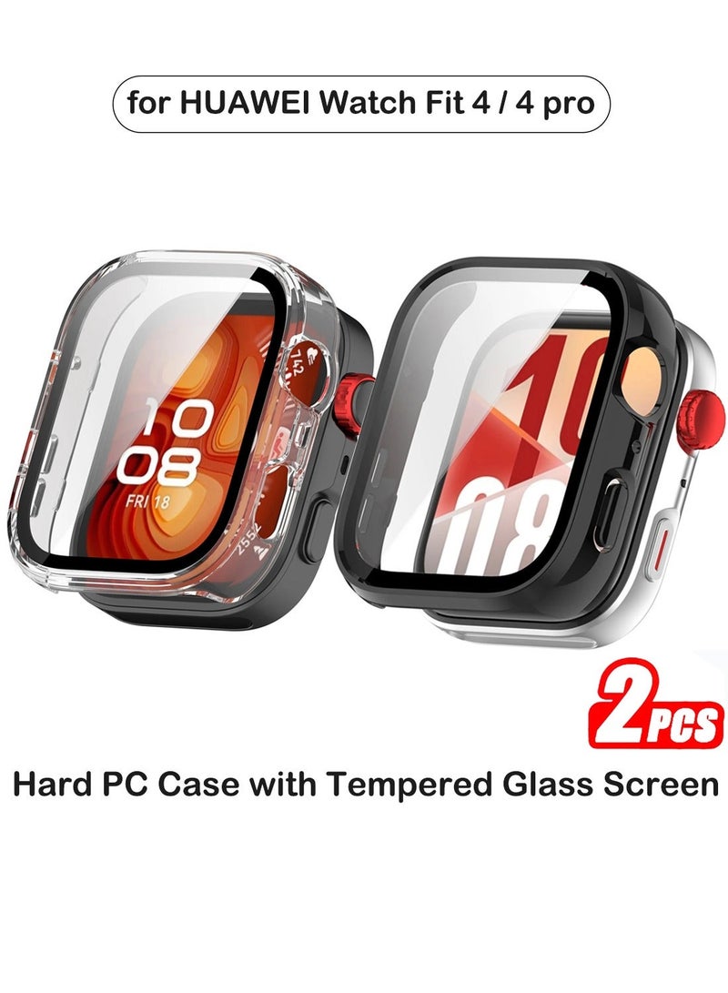Youque HUAWEI Watch Fit 4 Case and Tempered Glass Screen Protector 2 PCS Set Slim Hard PC Bubble-Free Screen Cover Ultra-Thin Bumper for Everyday Use Black Clear - Image 1