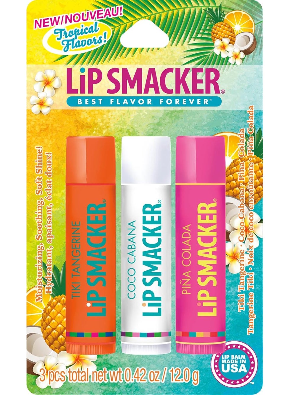 Lip Smacker Lip Smackers Flavored Lip Balm Tropical Fever - Moisturizing, Soothing Trio Tiki Tangerine, Coco Cabana, & Pina Colada 