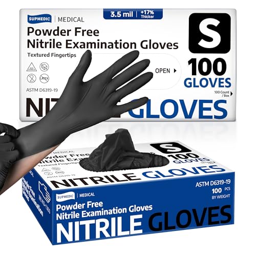 Supmedic Disposable Nitrile Gloves, Chemical Resistant, Powder-Free, Latex-Free, Food Safe, Medical Exam Gloves, Black, Small, 100 Pcs - Image 1