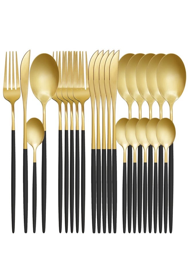 LYFJXX Gold Black Silverware Set, 24 pcs Golden Flatware for 6, Black and Gold Flatware, Stainless Steel Silverware Set,Kitchen Cutlery Sets, Include Knives/Forks/Spoons - Image 1