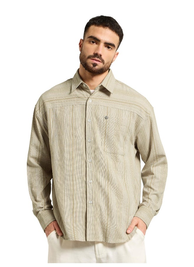 Beyoung Beige Striped Cotton Shirt  - Image 1