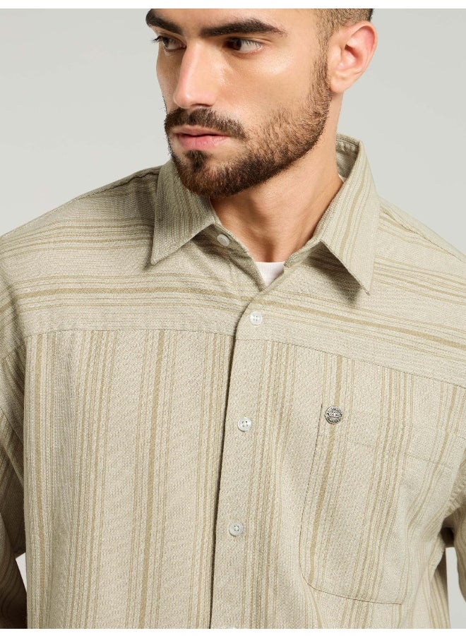 Beyoung Beige Striped Cotton Shirt  - Image 3